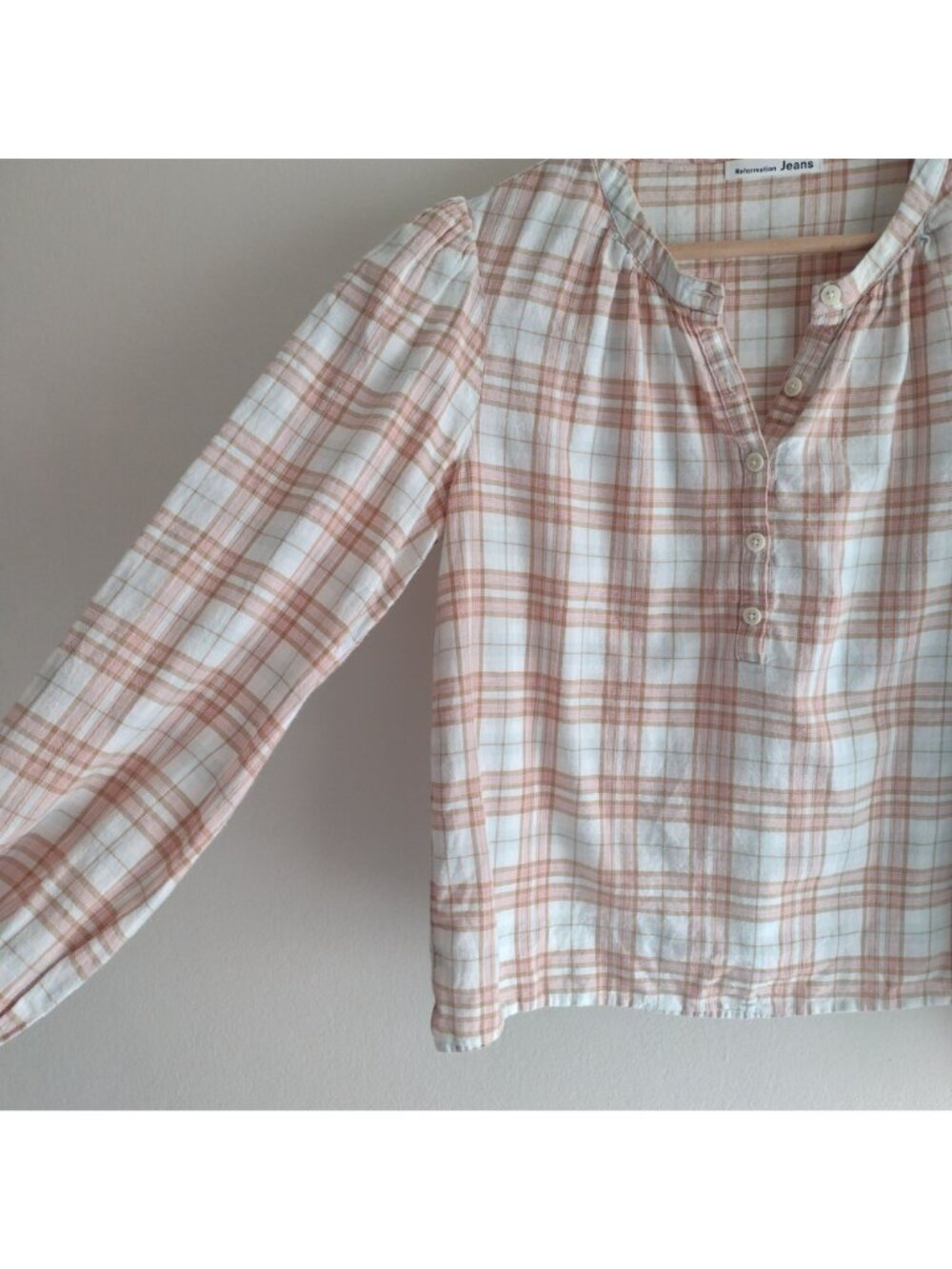 Reformation Plaid Blouse S Soft Peach Tan Light Academia Cotton Top - Picture 6 of 10